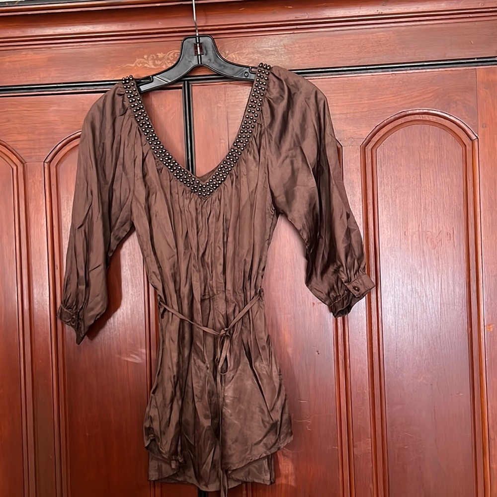 Forever 21 Brown Beaded N Neck Tie Back 3/4 Sleeve Size SP